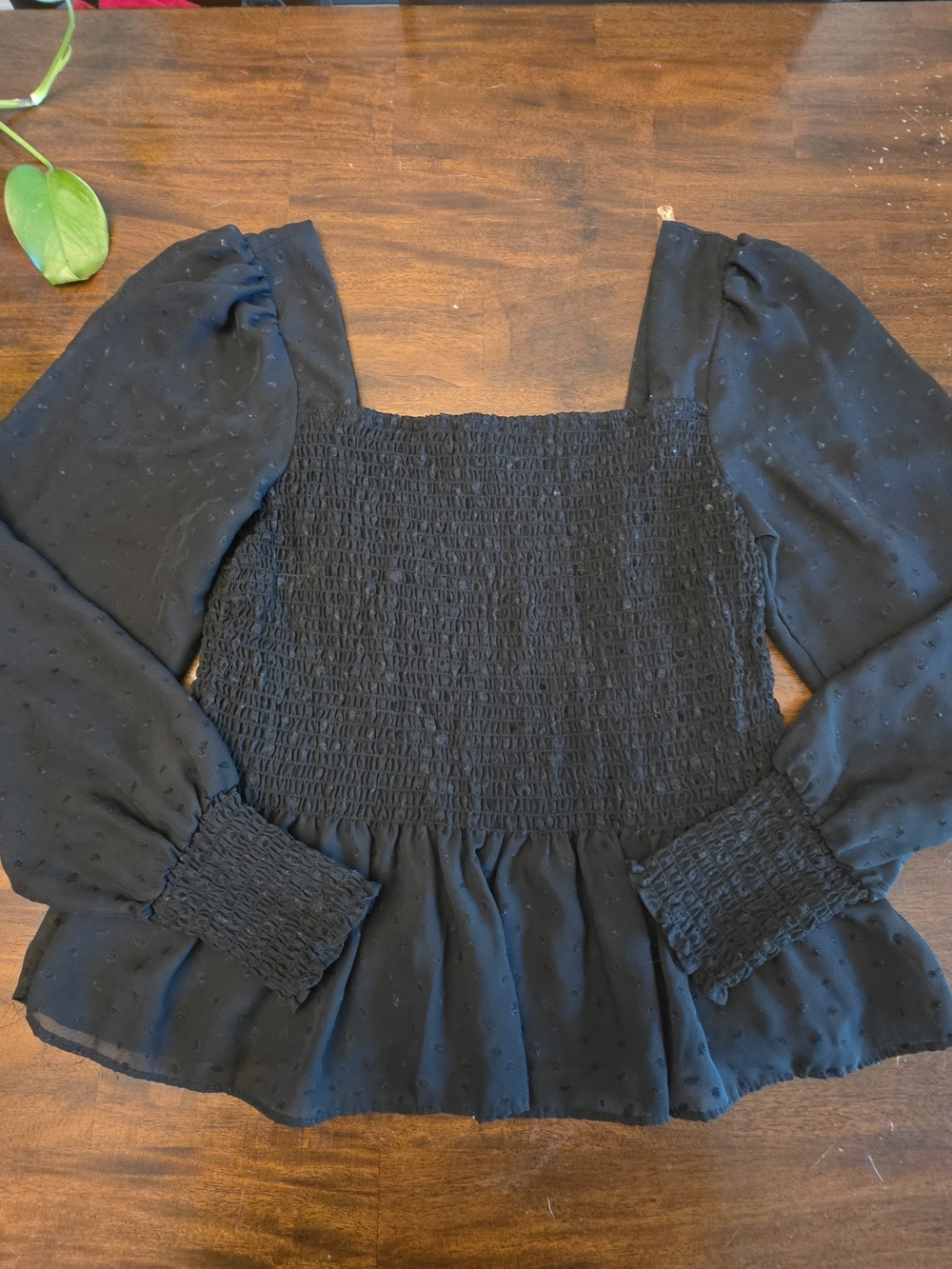 Nine West Black Smocked Square Neck Peplum Blouse